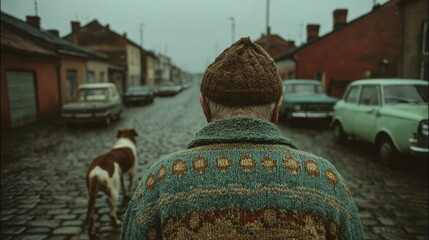 Elderly Man in Patterned Wool Sweater Walking Dog Down Empty Cobblestone Street with Vintage Cars and Old Buildings on a Gloomy Day in a Quiet European Town