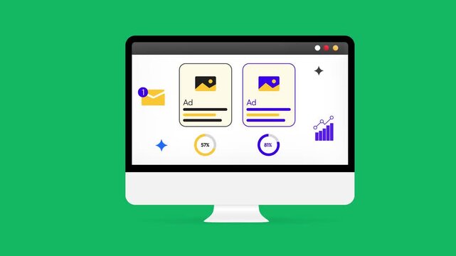 Advertisement testing concept with A and B two ads showing on the computer screen 4k animation with green screen.