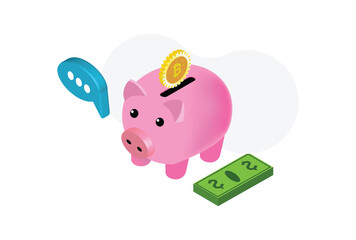 Modern Investment process concept flat 3d web isometric infographic vector. put in coins to money box.  Suitable for Diagrams, Infographics, Book Illustration, Game Asset, And Other Graphic Asset