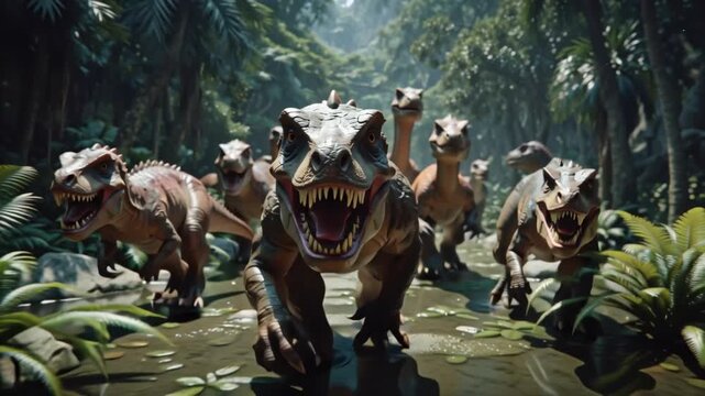 A fearsome pack of Tyrannosaurus Rex dinosaurs charging through a lush, ancient jungle, their roars echoing through the dense foliage