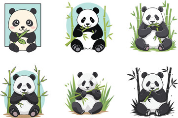 Panda eating bamboo, cute panda bear sitting, wildlife animal illustration, cartoon panda vector, bamboo forest background, nature scene, adorable panda art, flat design, multiple poses