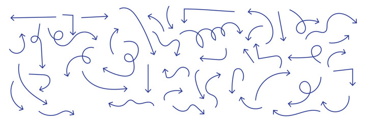 Hand drawn arrows icon set. Sketch curved arrows design. Arrow handmade. Doodle arrows of varios shapes and directions. Pointer and cursor icons.