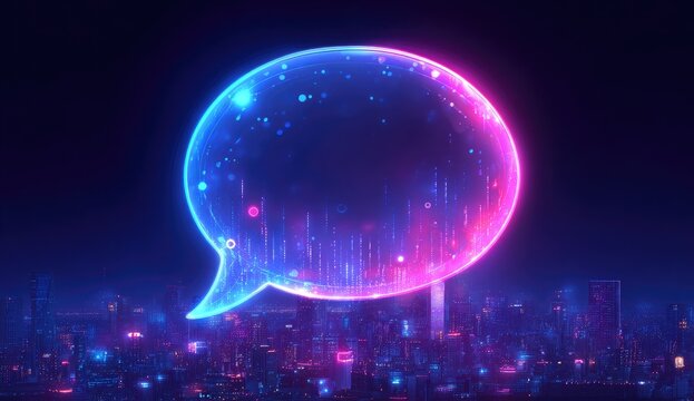 Neon speech bubble over a futuristic city