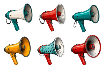 Colorful megaphones on clear backdrop