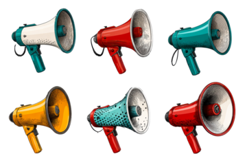 Colorful megaphones on clear backdrop