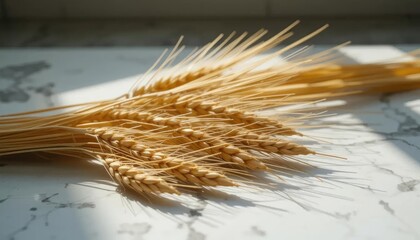 Close-up of several wheat stalks lying on a marble surface, illuminated by sunlight creating shadows.