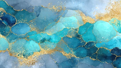 Abstract art with blue and gold hues, resembling flowing water or gemstones