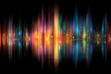 Colorful city lights reflected on water at night