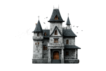 Haunted castle with towers and bats at dusk