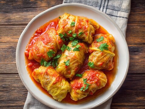 Cabbage Rolls with Tomato Sauce on Rustic Wood