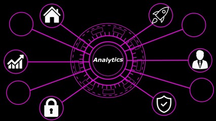 Obraz premium Analytics Diagram with White Icons and Pink Lines on Black Background infographic data