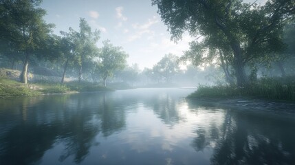 Fototapeta premium Misty morning by the river in a lush forest