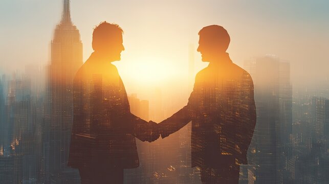 Businessmen Handshake Over New York City Skyline Sunrise