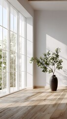 Fototapeta premium Minimalist interior design of an empty room with large windows, wooden floor, and a decorative plant