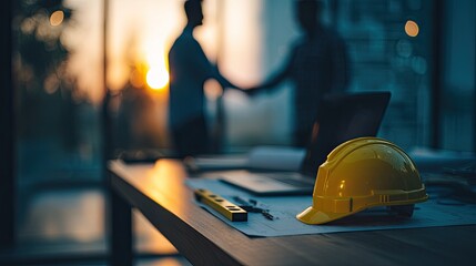 Businesspeople Handshake At Sunset In Office With Construction Items