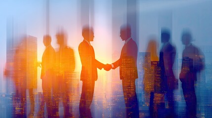 Businesspeople Handshake At Sunset Cityscape