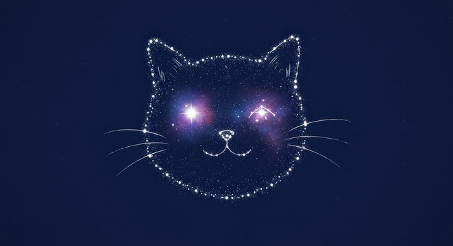 A constellation in the shape of a smiling cat, drawn with connected stars. It winks one eye, which is a glowing nebula. magical, whimsical.