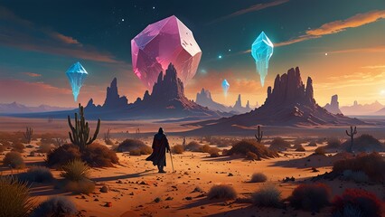 Epic Sci-Fi Scene of Floating Crystals Over Alien Desert at Sunset