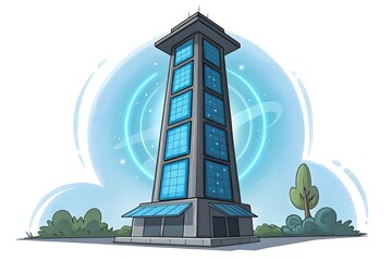Futuristic tower with glowing blue panels and sci fi atmosphere