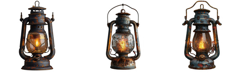 Three old rusty kerosene lanterns with glowing flames, isolated on transparent background