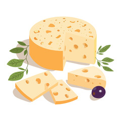 Round cheese head with a slice cut out, two pieces, leaf, and olive. Food ingredient for cooking. Vector illustration for menu, recipe, sticker