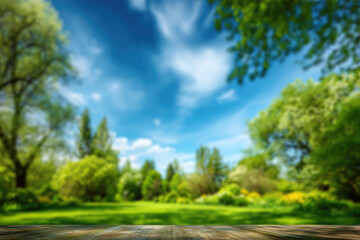 
Beautiful blurred background image of spring nature with a neatly trimmed lawn surrounded by trees against a blue sky with clouds on a bright sunny day
