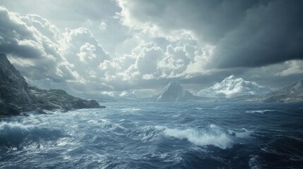 Dramatic seascape with rocky coastline, turbulent ocean, and snow-capped mountains under a cloudy sky