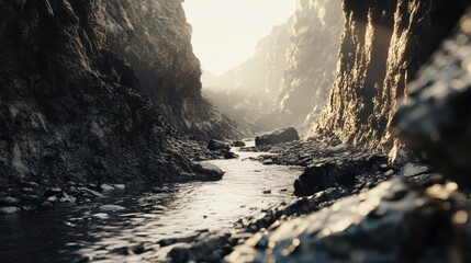 Sunlit mountain stream through a rocky canyon
