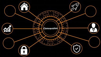 Central Hub with Orange Lines Connecting Icons for Business Growth Security and Launch on Black Background