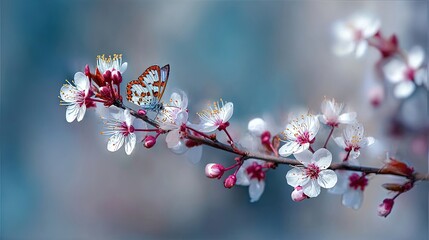 Butterfly On Blossoming Spring Flowers