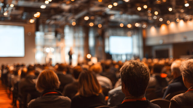 Rear view of people in audience at the conference hal, Speaker giving a talk i conference hall at busines event. - Powered by Adobe