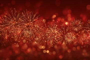 Golden fireworks display against a red bokeh background a festive celebratory scene