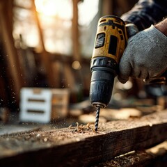 Carpenter Using Power Drill On Wooden Plank