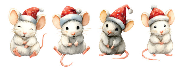 Set of cute little mice dressed in Santa hats. Cute white little mice wearing red Santa hats with white pompoms. Christmas cartoon characters. Vector illustration.