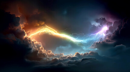 Fototapeta premium Fantasy Rainbow Lightning Power in Dark Stormy Sky 