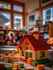 Children Playing With Colorful Building Blocks In A Playroom