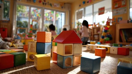 Children Playing With Colorful Wooden Building Blocks In A Playroom