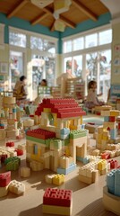 Children Playing With Colorful Building Blocks In Playroom