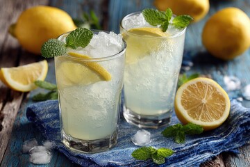 Two refreshing lemon drinks with ice and mint