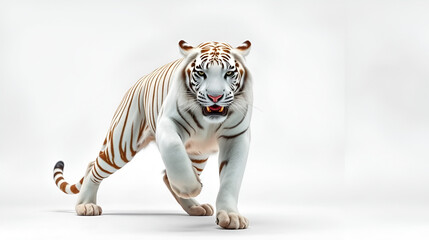 A commanding white tiger in a dynamic pose, its power emphasized against a white background