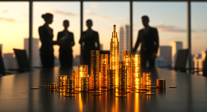 Silhouetted business professionals observing a towering stack of golden coins symbolizing financial growth and investment success in a modern office - Powered by Adobe