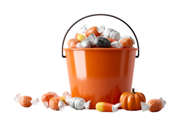 Colorful Halloween candy bucket with decorations