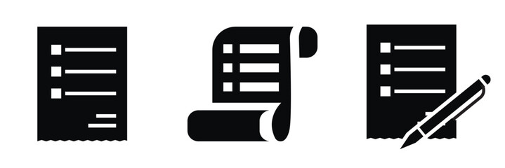 Paper, Checklist and document icons.  Set of simple black line icons showing checklists, scroll documents, and writing with a pen, symbolizing tasks, notes, and organization. vector illustration.

