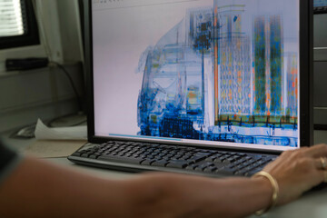 Computer display showing colorized X-ray scan analysis of cargo vehicle for customs inspection