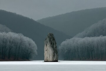 Solitary rock in frozen lake, misty mountains backdrop
