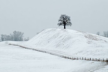 Solitary tree atop snow-covered hill, fence lines lead to the foreground