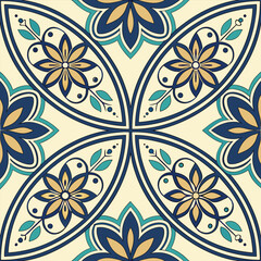 Intricate repeating moroccan tile ornament design featuring geometric patterns and detailed arabesque motifs in vibrant cmyk colors