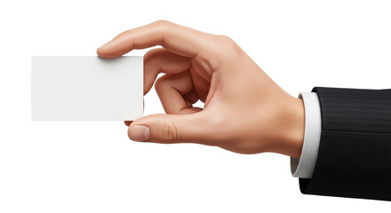 Fototapeta premium Hand Holding Blank Business Card Mockup Elegant Suit Presentation Professional Identity on transparent background