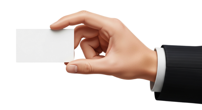 Hand Holding Blank Business Card Mockup Elegant Suit Presentation Professional Identity on transparent background