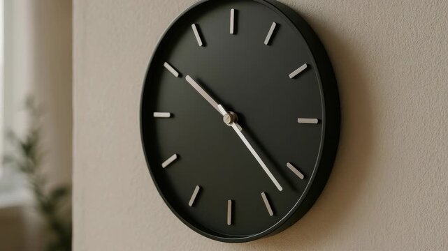 A minimalist wall clock in a modern style, captured at an angled side view. Perfect for a time-lapse video showcasing the passage of time. Live desktop wallpaper.